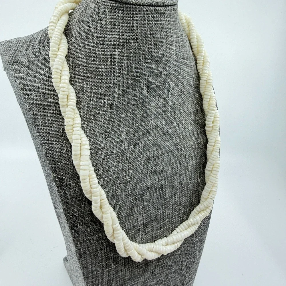 White Puka Shell Heishi Bead Necklace Triple Strand Twisted Boho Coastal Beach